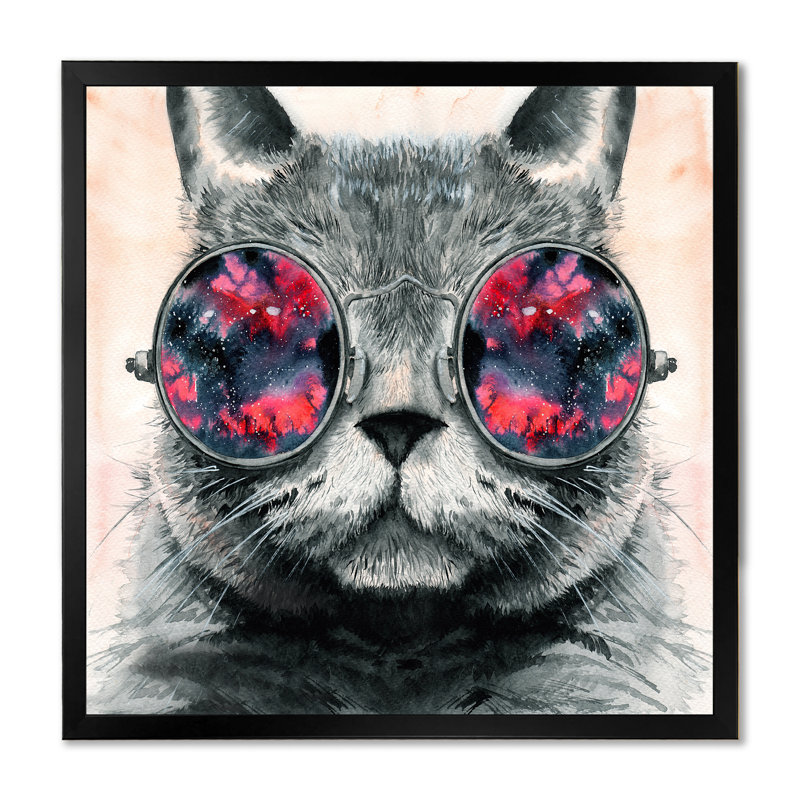 «Grey Fluffy Cat In Round Hippie Glasses III», reproduction d'art sur toile moderne, H 16 po x l 16 po x P 1 po, Cadre noir