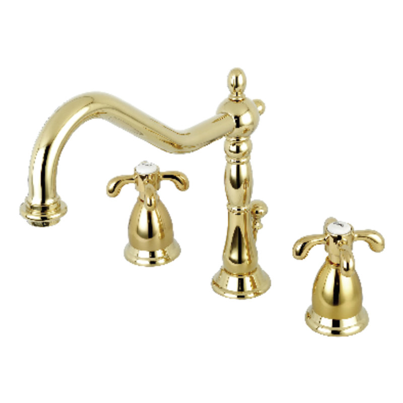 Kingston Brass French Country Two-Handle 3-Hole Deck Mount Widespread Bathroom Faucet with Brass Pop-Up Drain, Polished Brass