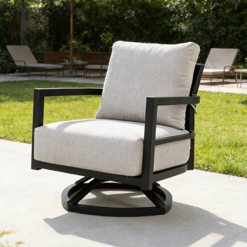 Chaise de patio pivotante moderne en aluminium noir avec rotation à 360 degrés et coussins Sunbrella