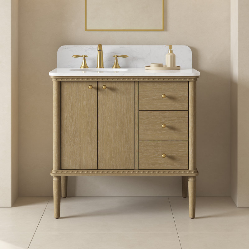 OVE Helena 36 in. Single Sink Bathroom Vanity in Antique Oak with White Engineered Stone Top, Brushed Gold Hardware