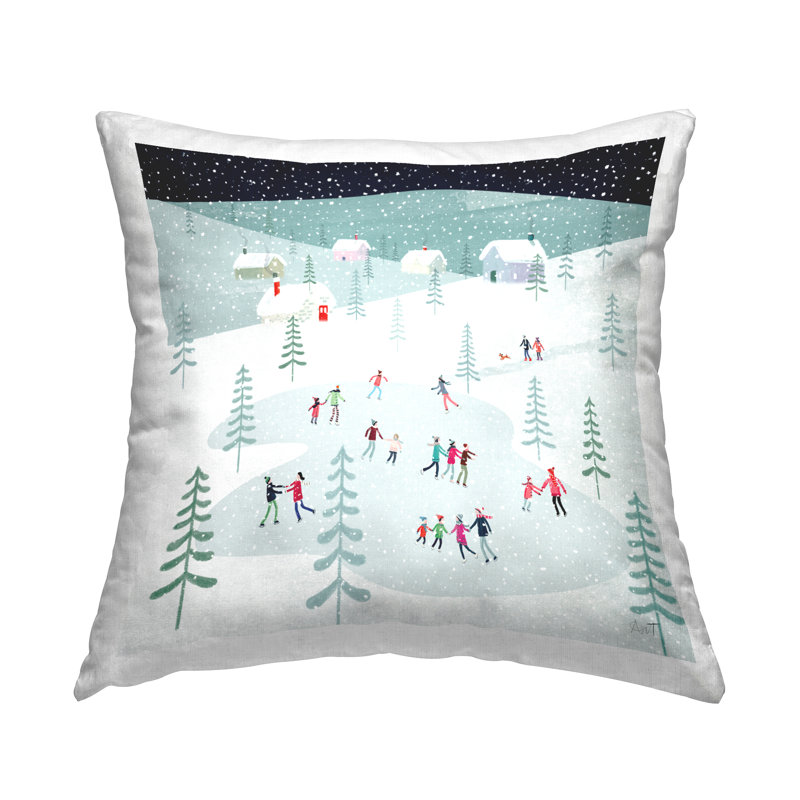 Colorful Winter Ice Skating Scene Graphic Throw Pillow