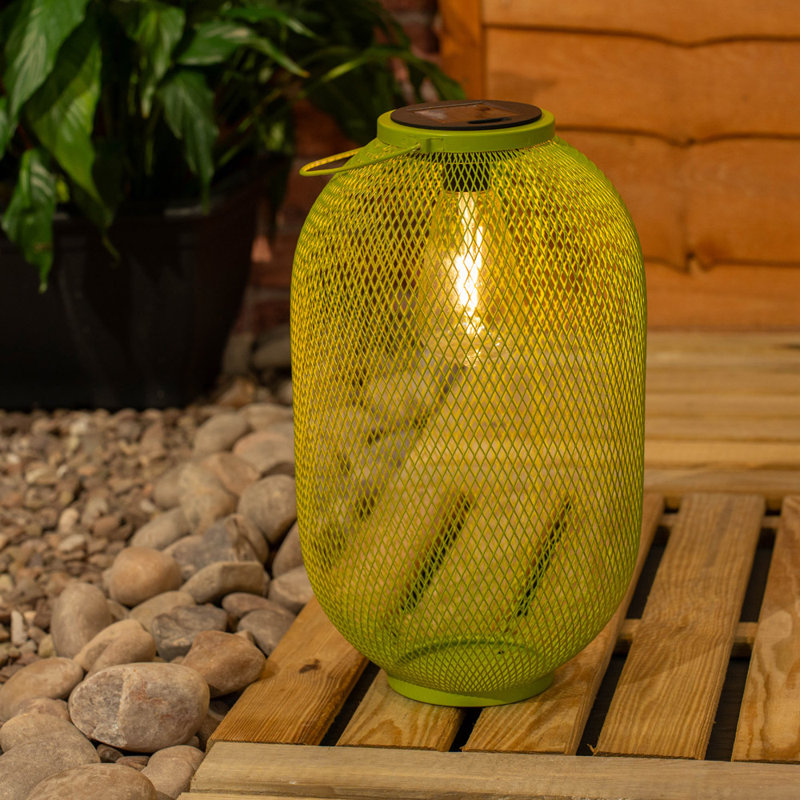 Metal Mesh Basket Solar Powered Outdoor Garden Lantern Light, Light Green