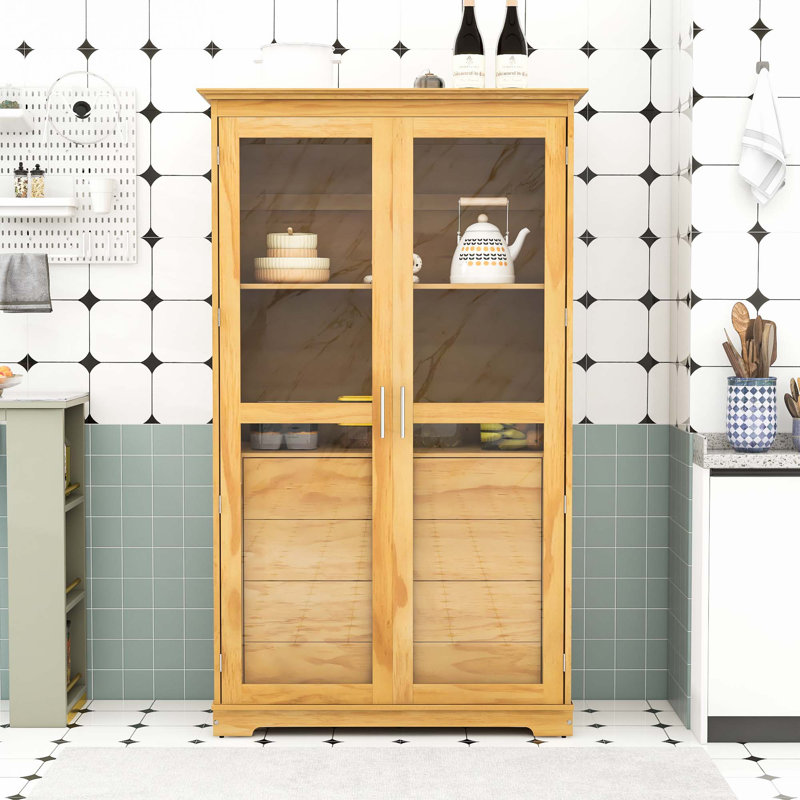 Armoire de cuisine autoportante avec portes en verre, 4 tiroirs et tablettes, Naturel