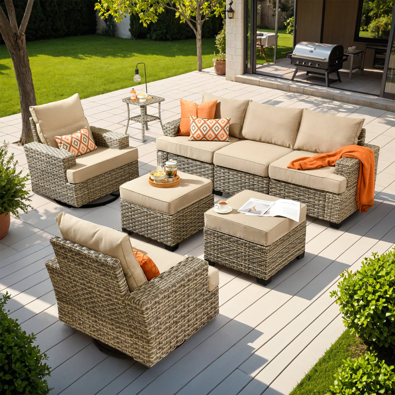 Outdoor Wicker 5 - Person Modular Patio Conversation Set with Cushions, Beige