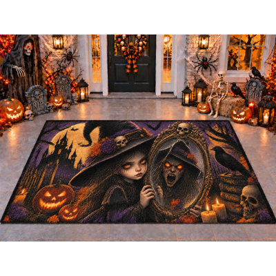 Tapis d'extérieur 5' x 7' avec miroir et sorcière pour l'Halloween, épais, solide et imperméable, en PVC bouclé, tapis de patio résistant, tapis intérieur/extérieur à séchage rapide pour porche, terrasse, balcon et entrée.