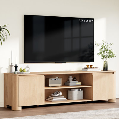70" TV Stand with Rounded Corners Design, Fits TVs up to 80", 2-Tier Open Storage and Thickened Base, Natural Oak