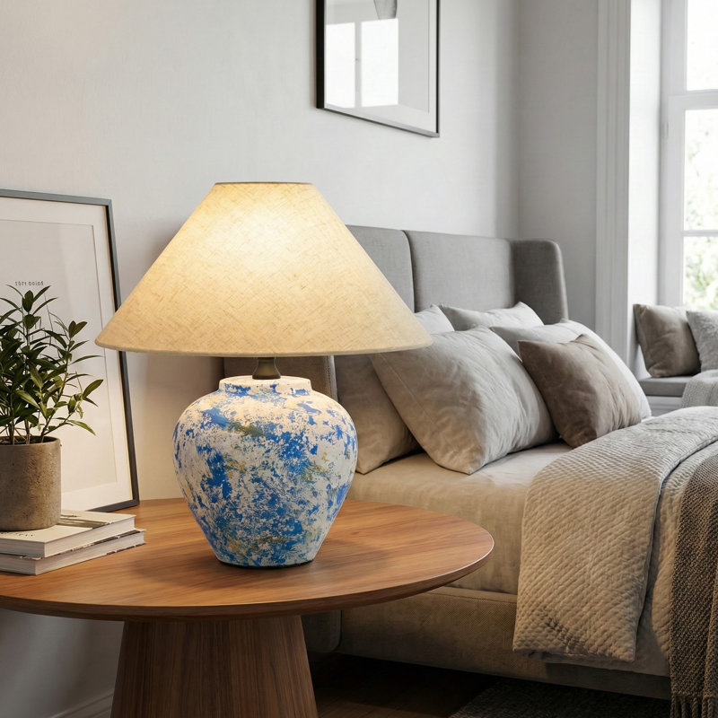 Handmade Starry Sky Ceramic Table Lamp – Blue & White Linen Shade For Living Room , Bedroom & Bedside