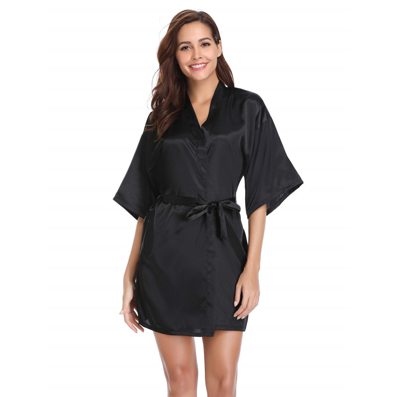 Renta Satin Above Knee Bathrobe, S, Black