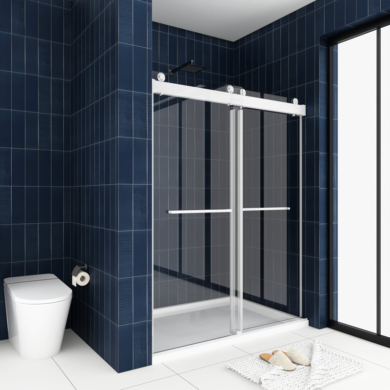 60'' Frameless Clear Glass Sliding Shower Door with Brushed Nickel Frame