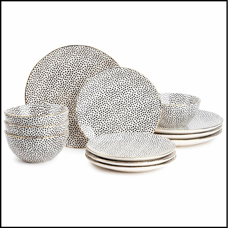 Service de table en grès à pois noir et blanc, ensemble de 12 pièces, durable et élégant pour les expériences culinaires modernes