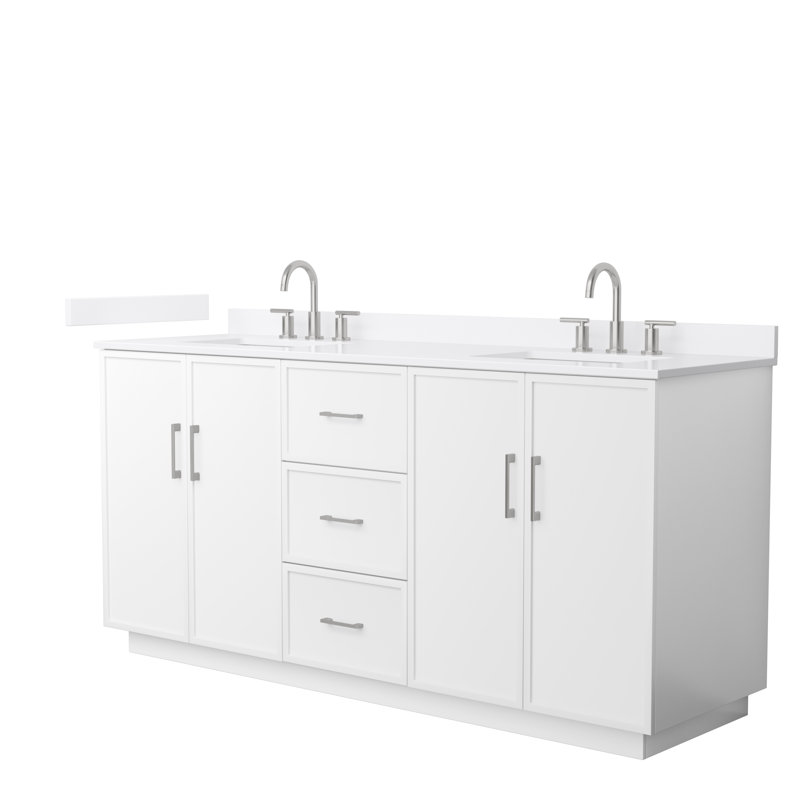 Meuble-lavabo double autoportant 72 po avec plateau en quartz Elan TK, Quartz blanc, Blanc, Nickel brossé