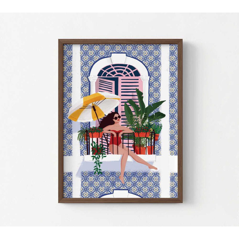 Balcon Sunbather - Illustration de l'été méditerranéen, Brun, Photo encadrée seule, sans passe-partout, H 32 po x l 24 po
