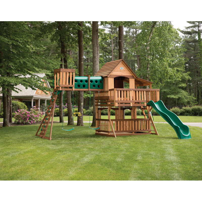 Woodridge Elite Cedar Swing Set with Green Slide and Sandbox