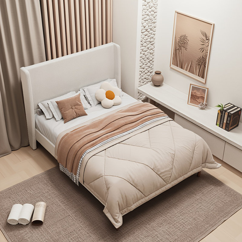 Cadre de lit beige élégant - Revêtement et support en lattes de bois pour la chambre principale, Grand lit, Beige