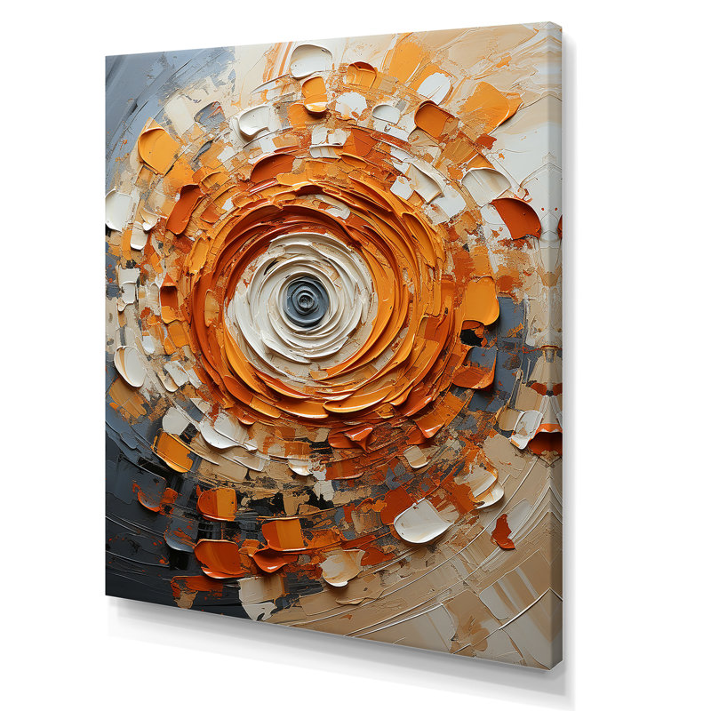 Collage abstrait en spirale orange et blanc - Collages abstraits, art mural, Toile tendue, H 32 po x l 24 po x P 1 po