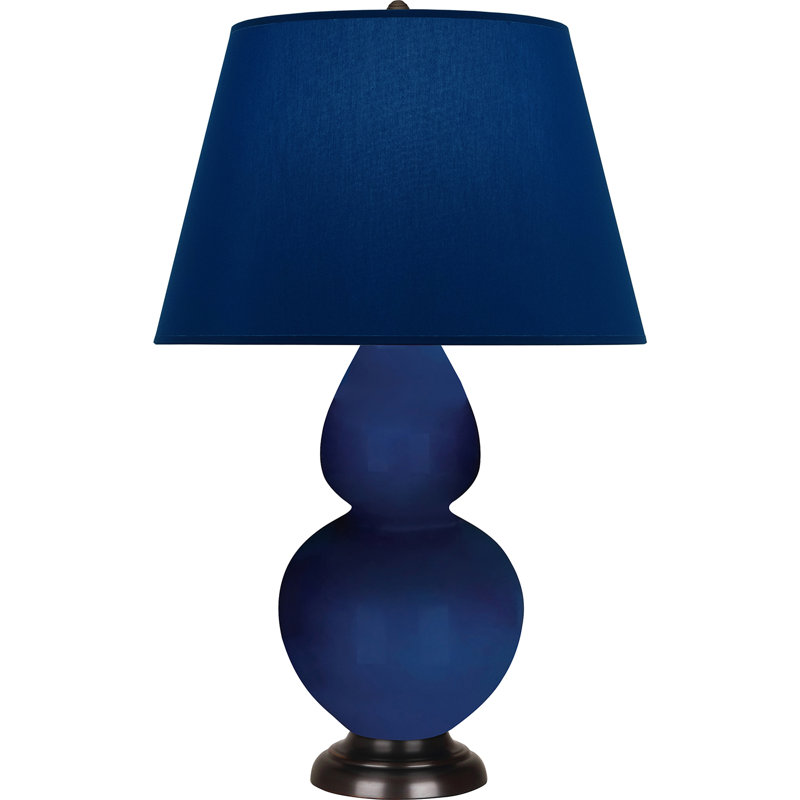 Lampe de table double gourde en céramique, Bleu marine/gris, Cobalt émaillé / bronze, Bronze
