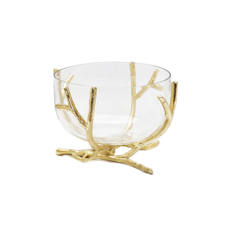 Bol moyen en verre avec branches dorées, H 7 po x l 10 po x P 10 po