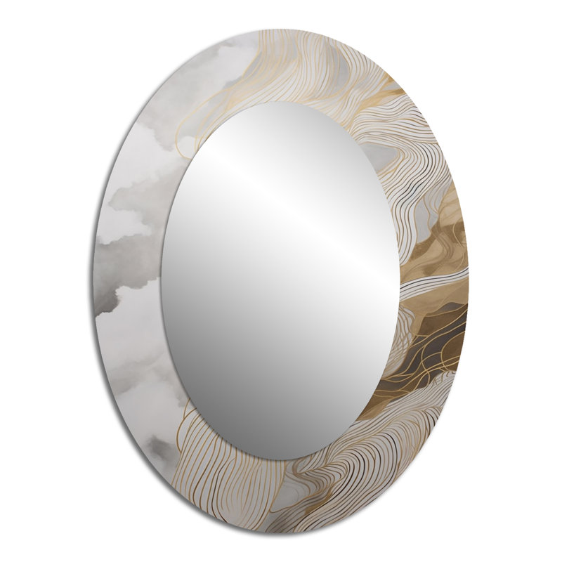 Miroir mural ovale doré et gris à motif abstrait III, 40 po x 30 po