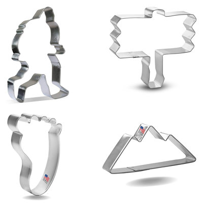 Cookiecutter.Com 4 Piece Bigfoot Cookie Cutter Set Big Foot Sasquatch, Foot, Mountains, Wooden Sign, Metal Shapes Made In USA, Silver -  HS0507