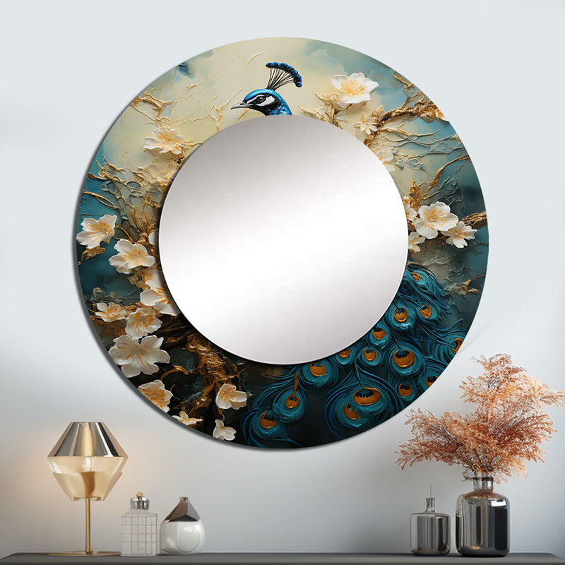 «Peacock Encaustic Portrait II - Miroir paon», art mural en métal, 23 po x 23 po