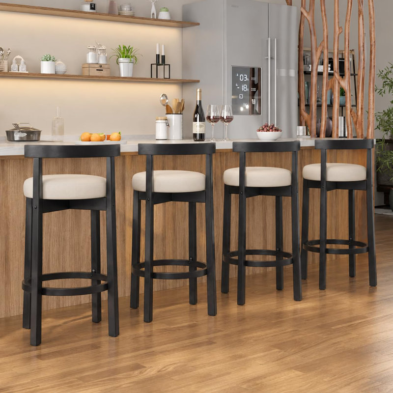 Ensemble de 4 tabourets de bar, hauteur de comptoir, dossier incurvé et pieds en bois massif, noir et beige, ensemble de 4