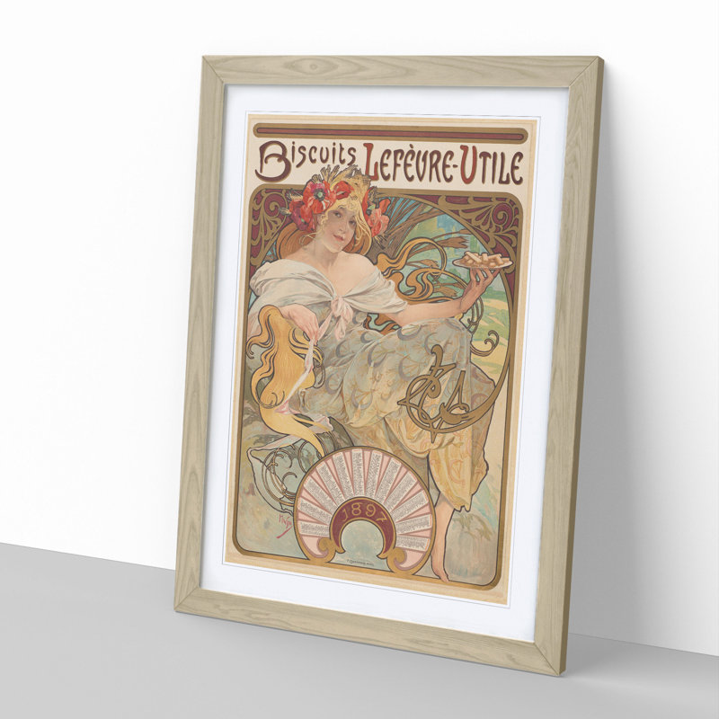 Biscuits Lefevre by Alphonse Mucha - Picture Frame Graphic Art, 48cm H x 36cm W x 2cm D, Oak