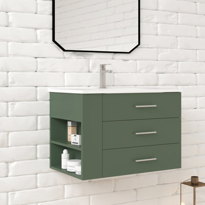 Aurilla 30 in. Single Sink Wallmount Bath Vanity with White Ceramic Countertop in Forest Green with Left Side Shelf