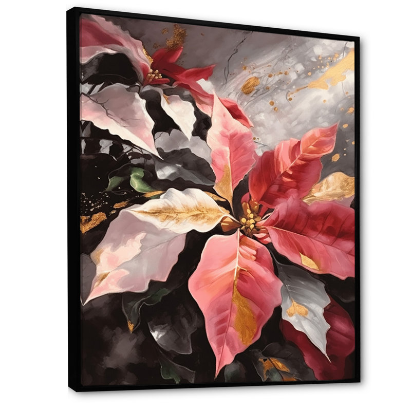 «Red Blossoming Poinsettias I», reproduction, H 32 po x l 16 po x P 1 po, Cadre flottant noir