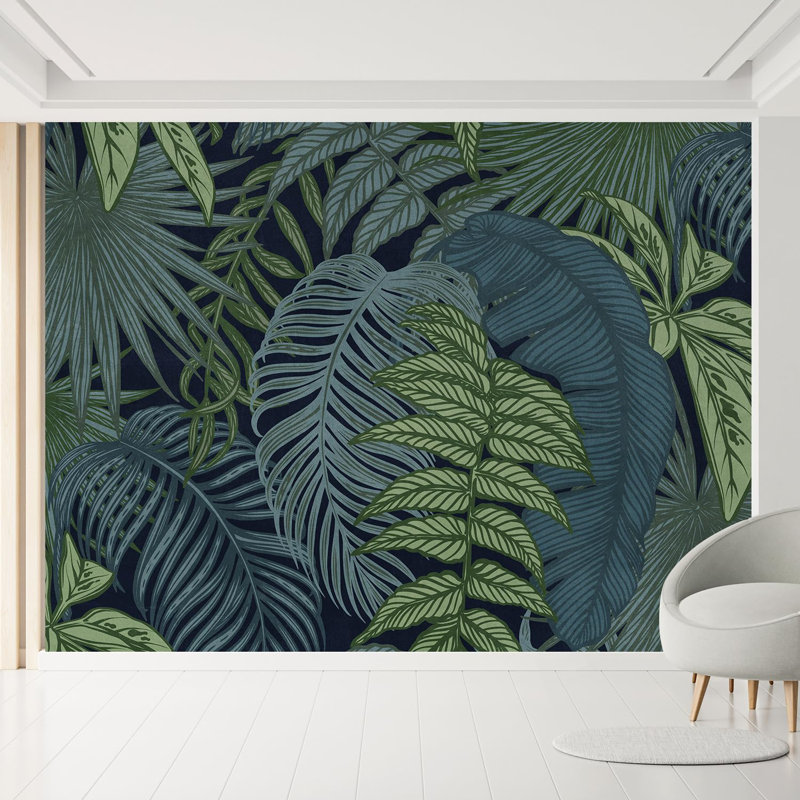Nuit tropicale audacieuse et exotique avec des feuilles bleu sarcelle, L 66 po x l 96 po