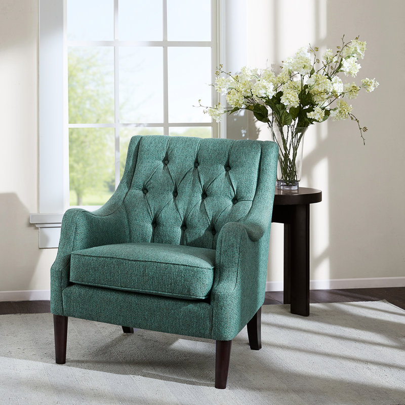 Fauteuil inclinable à boutons de style transitionnel, bleu sarcelle, structure en bois massif, pieds décoratifs, tissu, siège amovible