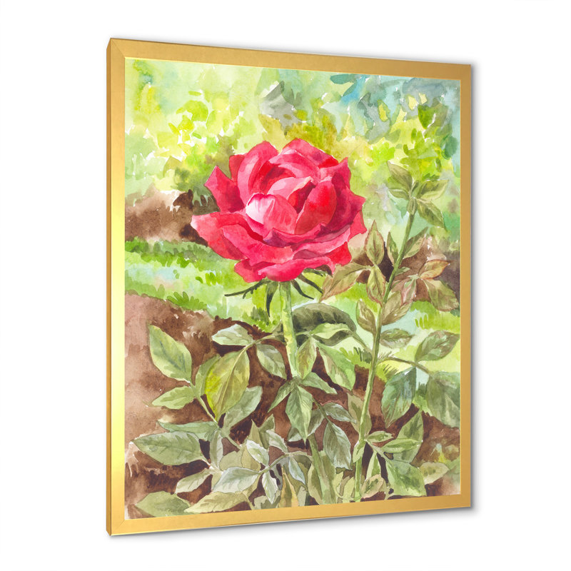 Simple fleur rouge dans le jardin - art mural traditionnel sur toile, H 36 po x l 24 po x P 1 po, Cadre doré