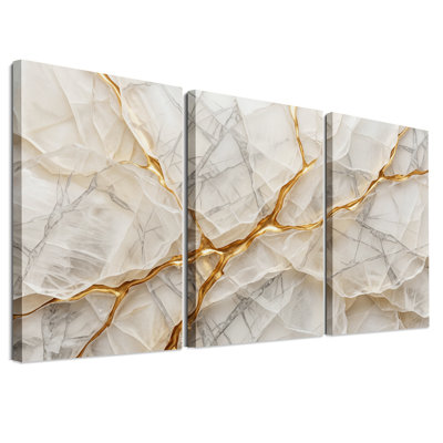 Abstract Gold Vein and White Marble Texture Set Of 3 Canvas Wall Art