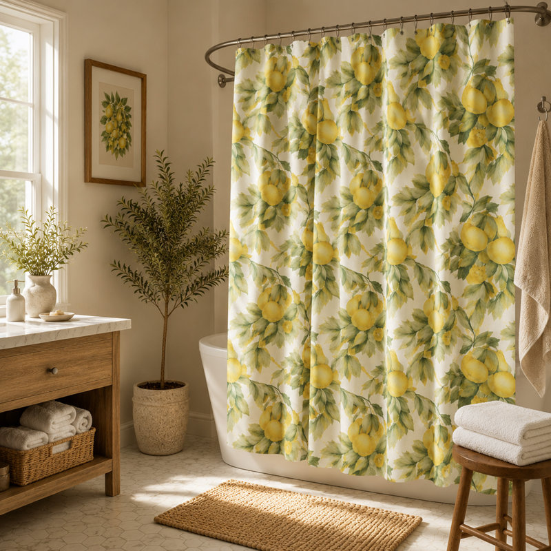 Rideau de douche Lemon Botanical - Rideau de salle de bain à motif floral et fruits