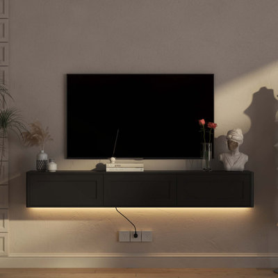 High Gloss Floating TV Stand with LED Lights and Power Outlet for Living Room