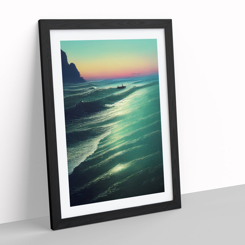 Boat By The Coast - Single Picture Frame Painting, Black, 64cm H x 46cm W x 2cm D