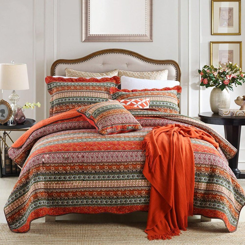 Ensemble de literie pour courtepointe à rayures rouges HoneiLife pour grand lit 3 pièces, couvre-lit en coton doux avec taies décoratives assorties, rouge