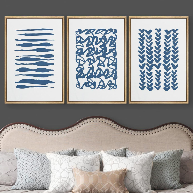 «Geometric Line Blue Brush Stroke Line Art Collage Abstract Patterns Modern Art Mid-Century Modern on Canvas», reproduction de 3 pièces