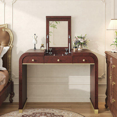 Meuble-lavabo classique en bois avec miroir rabattable, coiffeuse 3 en 1 avec 2 tiroirs et espace de rangement pour la chambre à coucher, espresso