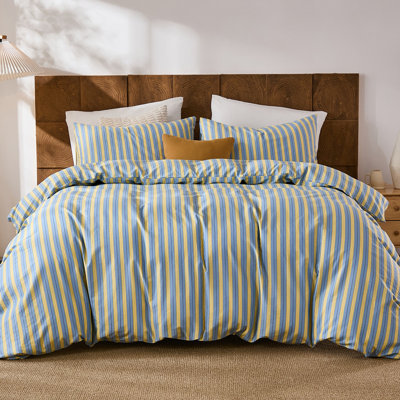 100% Cotton Duvet Cover Set Queen Size, Blue & Yellow Striped Bedding Set with Zipper Closure and 8 Corner Ties, Modern Coastal Style Comforter Cover Set 3 Pieces
