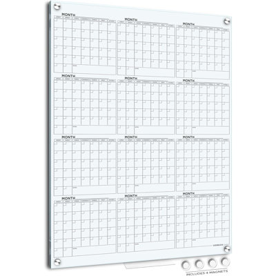 Magnetic 34"x46" Glass Whiteboard Yearly Calendar Planner White Board Calendar