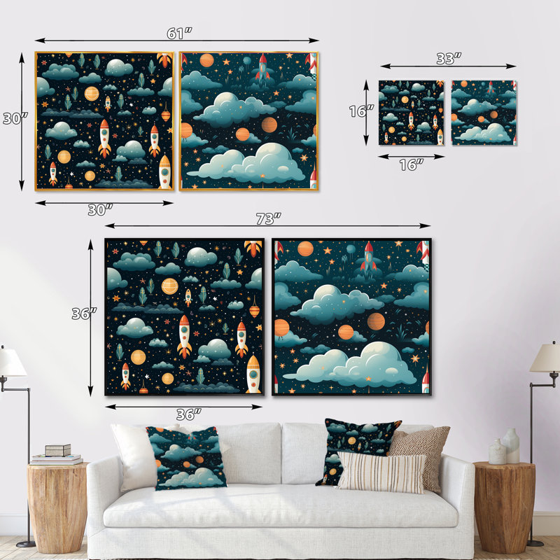 Fusée spatiale pour chambre d'enfant - ensemble de 2 collages carrés pour enfants, Cadre flottant blanc, H 30 po x l 61 po