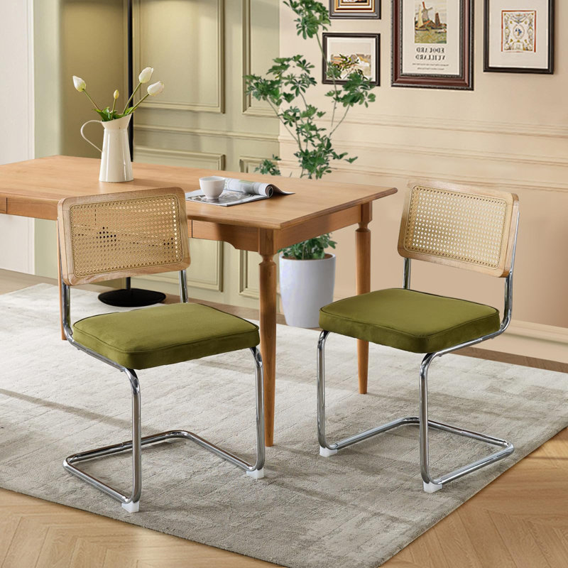 Ensemble de 2 chaises de salle à manger Modern Velvet, dossier en rotin et base chromée, vert Oliver, Velours vert
