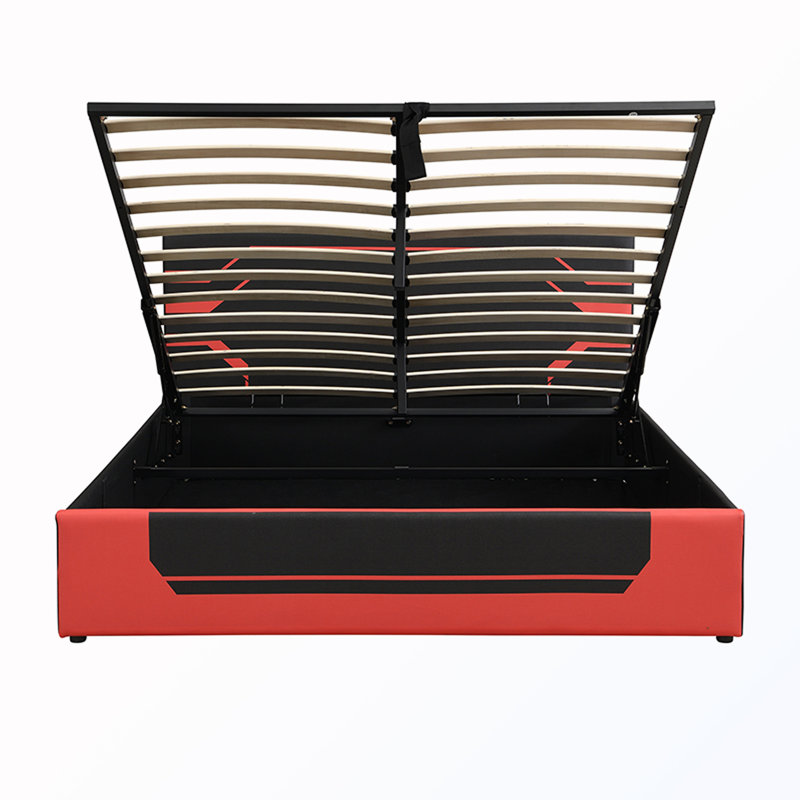 Grand lit de jeu avec rangement hydraulique, Noir et rouge
