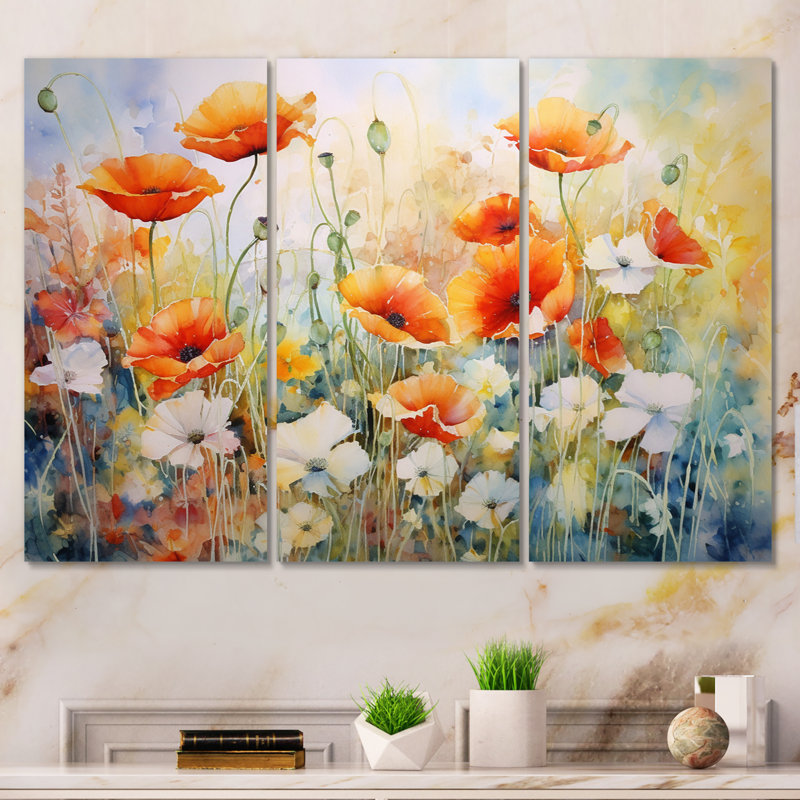 Blooming Red White Poppy Flowers In The Meadows - Poppies, reproduction d'art sur toile, H 28 po x l 36 po x P 1 po