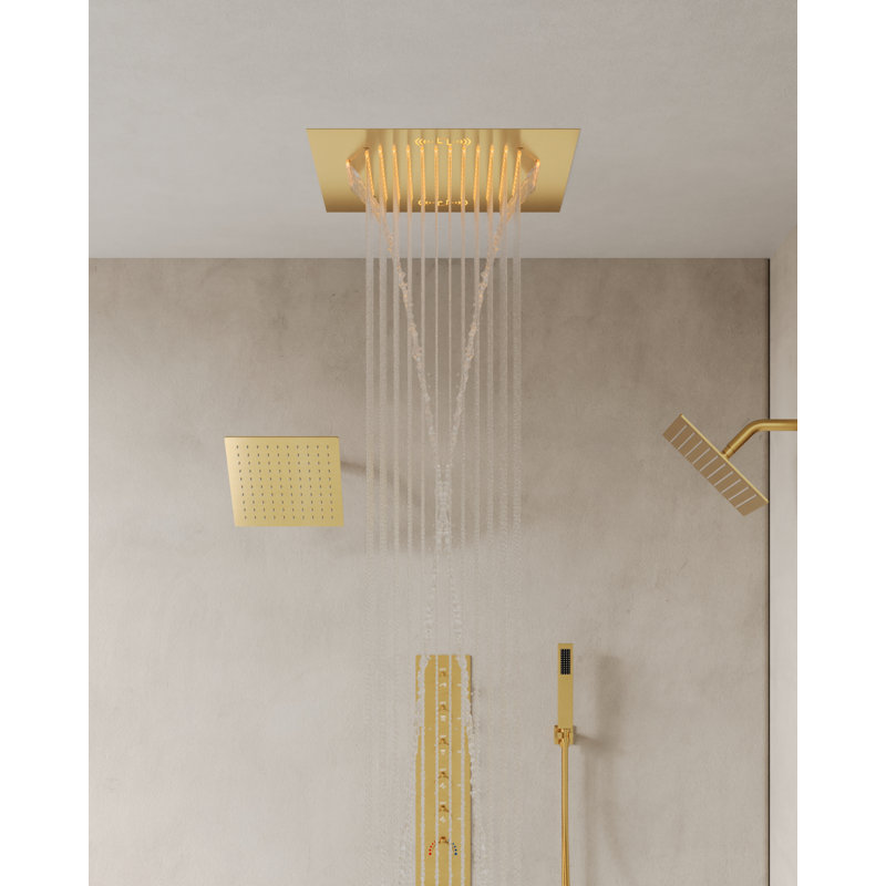 Robinet de douche thermostatique à DEL avec pomme de douche triple haute pression 20 "et musique Bluetooth, Or brossé