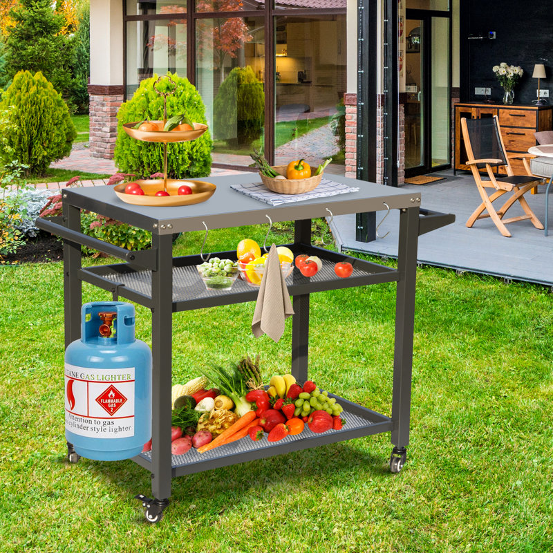 Table de barbecue extérieure à 3 tablettes avec roulettes, plateau en acier inoxydable et crochets à outils