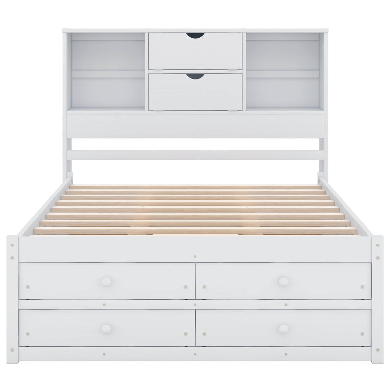 Platform Bed with Storage Headboard And 8 Drawers, Queen, White