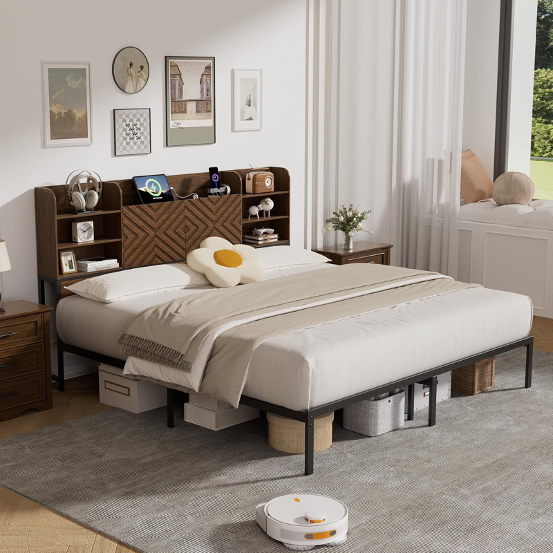 Farmhouse King Size Bed Frame With Move Storage Headboard And 3-in-1 Charging Station, Walnut