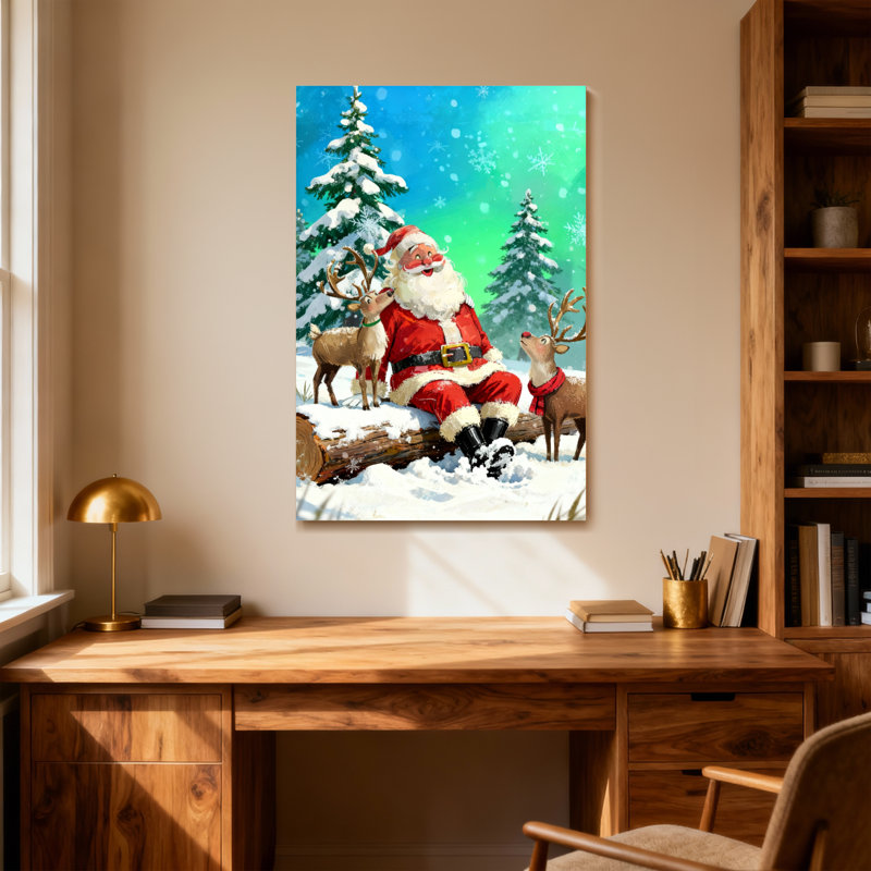 Noël père Noël avec renne dans la forêt enneigée, H 40 po x l 28 po