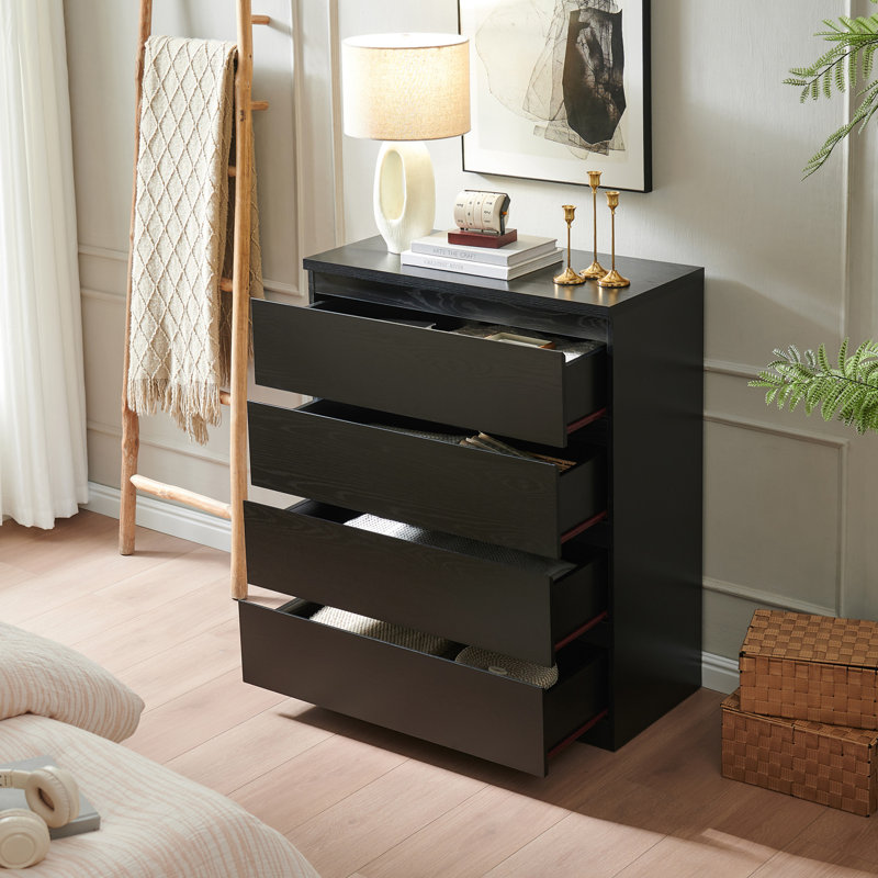 Commode 4 tiroirs, commode de rangement moderne, commode noire 31,5 po pour garde-robe avec design sans poignée, commode pour chambre à coucher, salon, noir